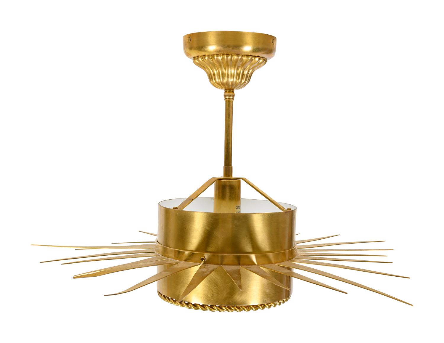 A Contemporary Brass "Sunburst" Light Fixture and a Brass Fixture with a Drum Shade
