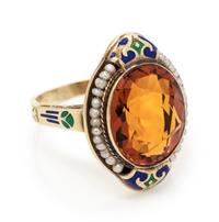 An Art Deco 14 Karat Yellow Gold, Citrine, Seed Pearl and Polychrome Enamel Ring,
