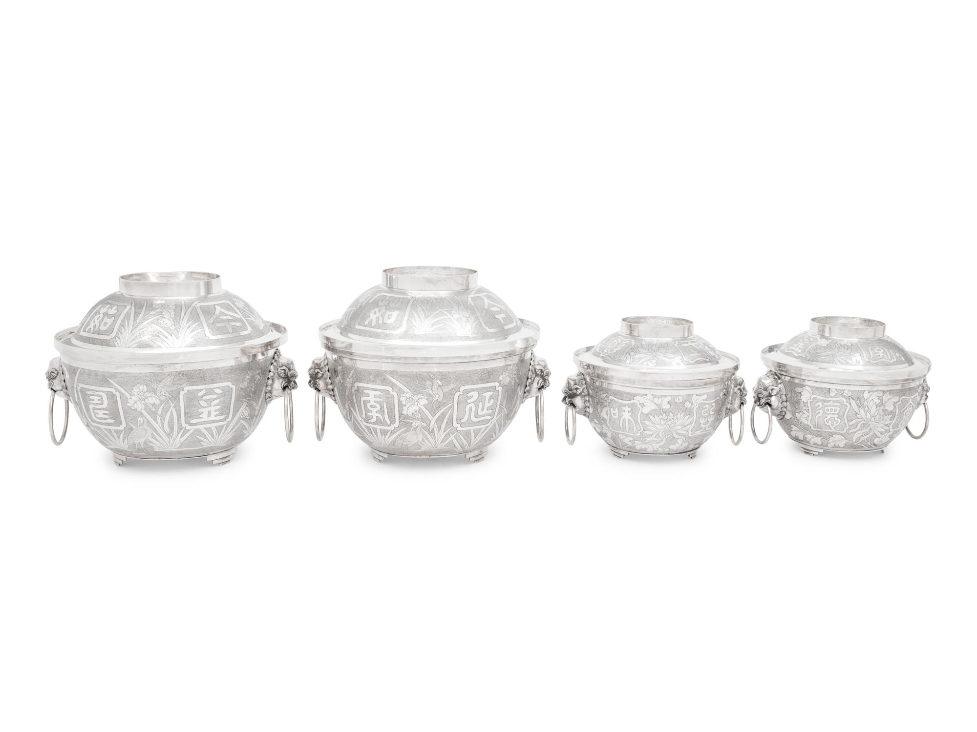 Two Pairs of Chinese Export Silver Covered Bowls
