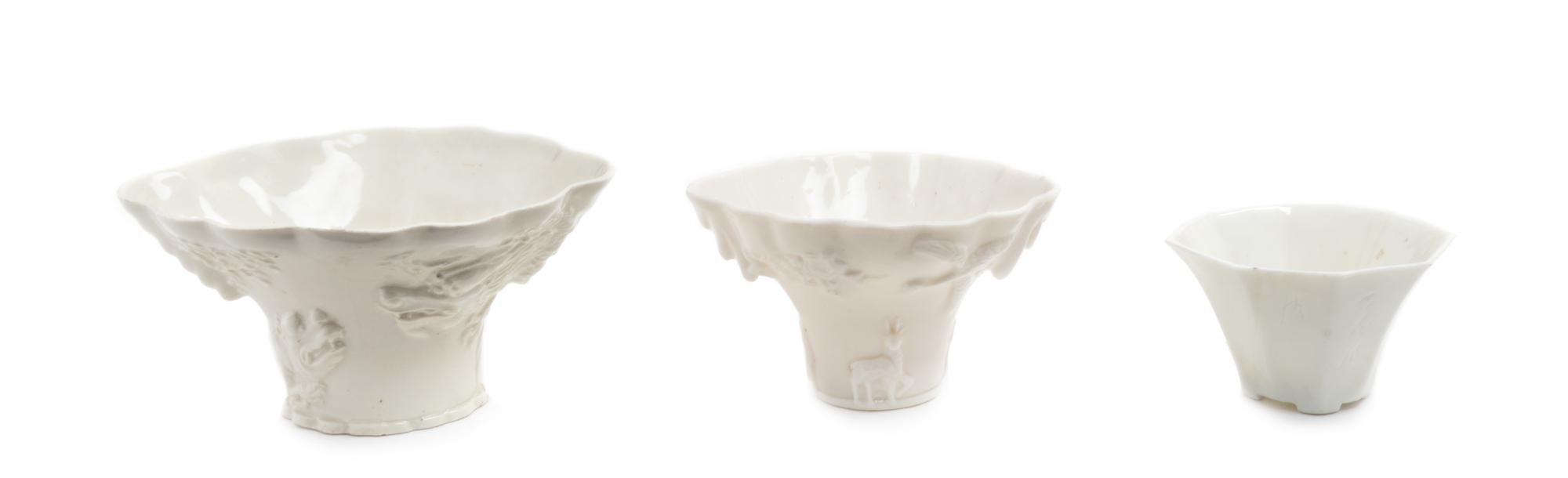 Three Chinese Blanc-de-Chine Porcelain Libation Cups Diameter of largest 6 1/2 inches.