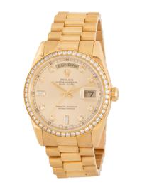 ROLEX, REF. 118348 18K YELLOW GOLD 'OYSTER PERPETUAL DAY-DATE' DIAMOND DIAL & BEZEL WATCH