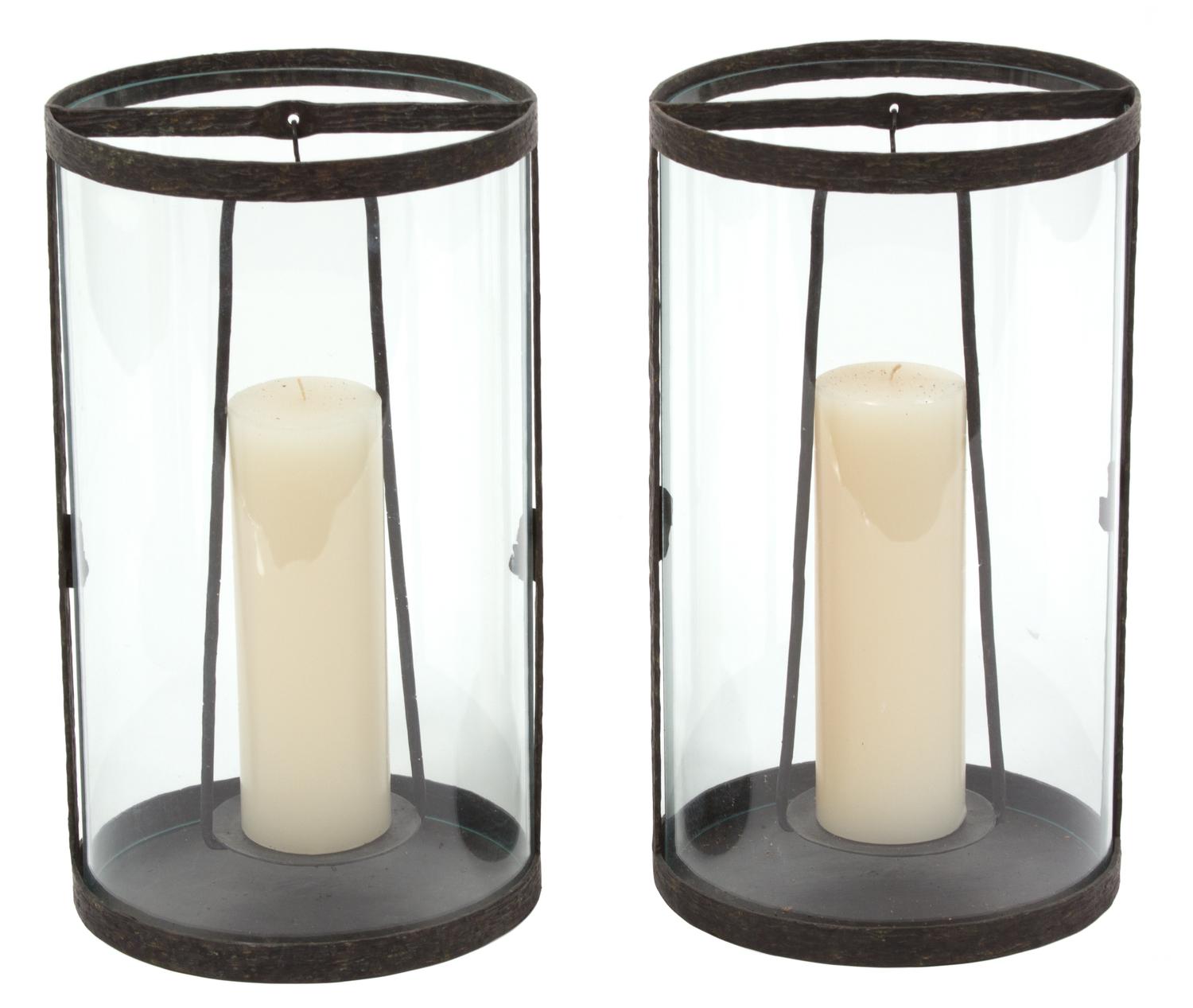 A Pair of Contemporary Glass and Metal Hurricane Lamps Height 16 inches. — 20TH CENTURY
