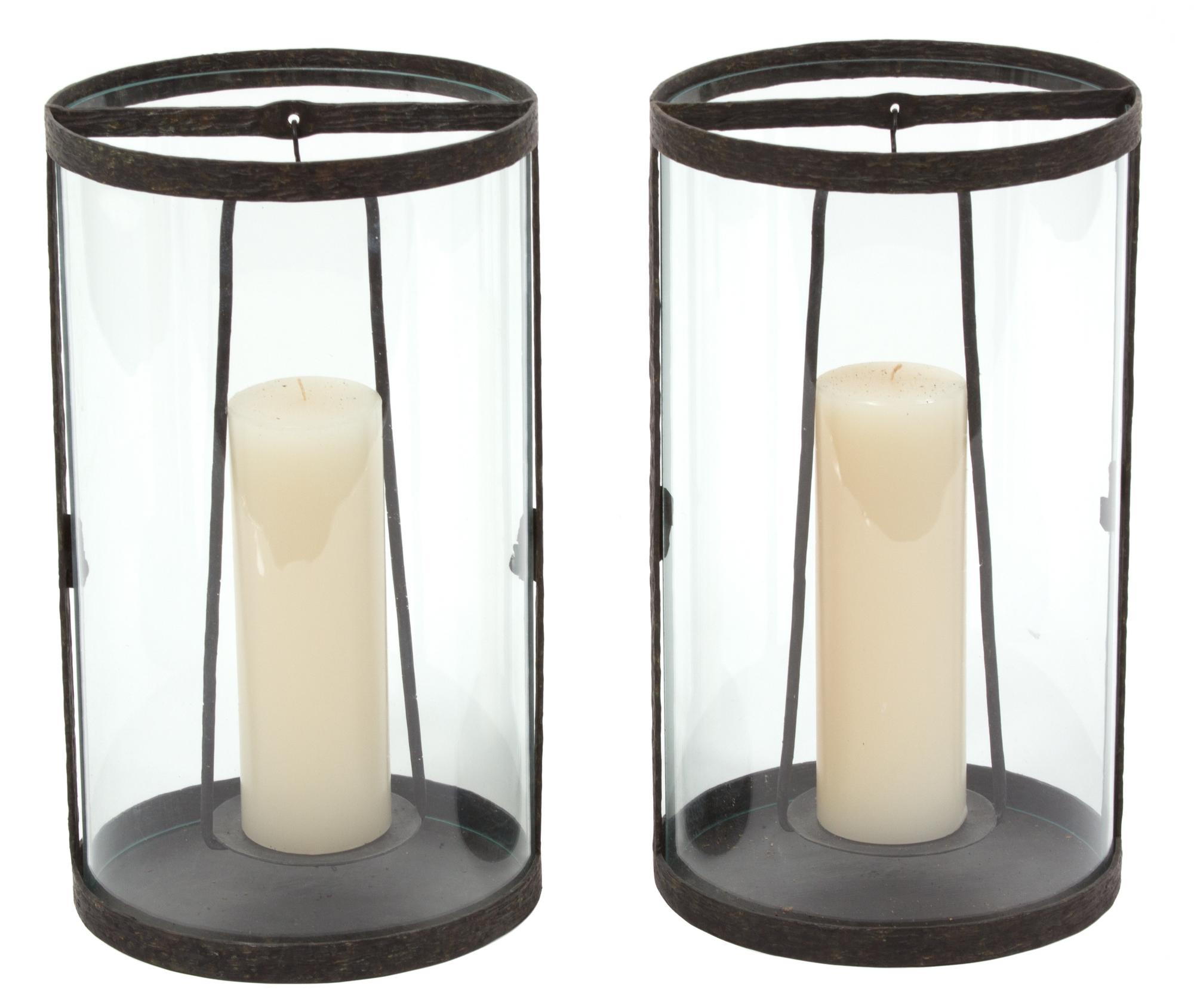 A Pair of Contemporary Glass and Metal Hurricane Lamps Height 16 inches. — 20TH CENTURY
