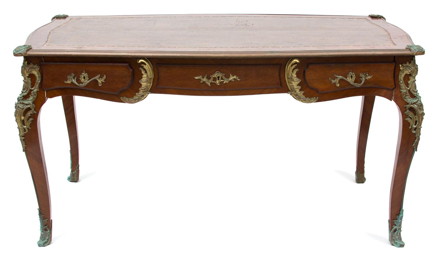 A Louis XV Style Gilt Bronze Mounted Parquetry Mahogany Bureau Plat Height 31 x width 59 x depth 34 inches. — 20TH CENTURY