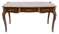 A Louis XV Style Gilt Bronze Mounted Parquetry Mahogany Bureau Plat Height 31 x width 59 x depth 34 inches. — 20TH CENTURY
