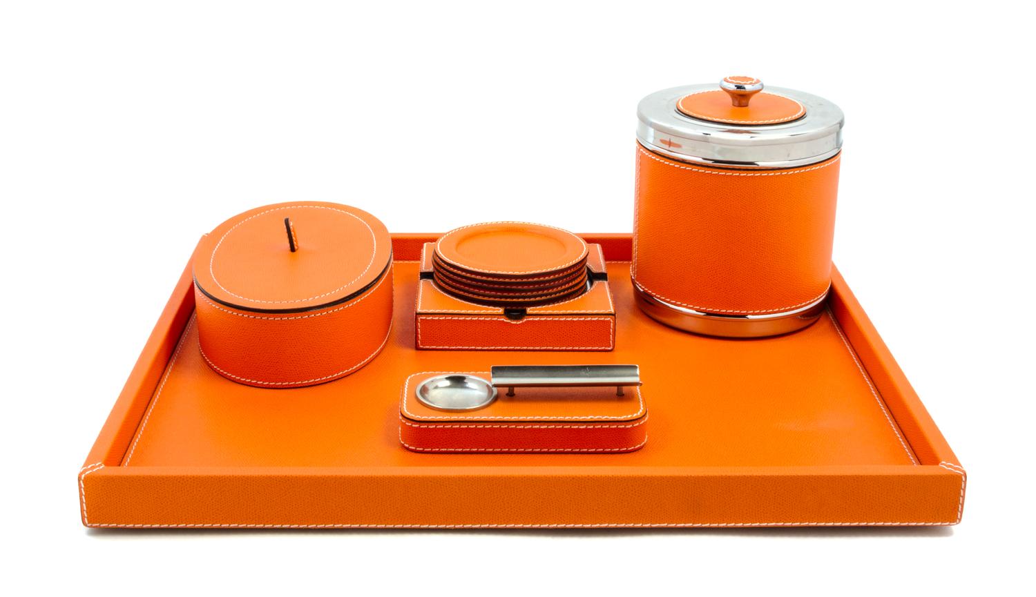 A Chrome Mounted Leather Smoking Set Width of tray 21 inches. — 20TH CENTURY