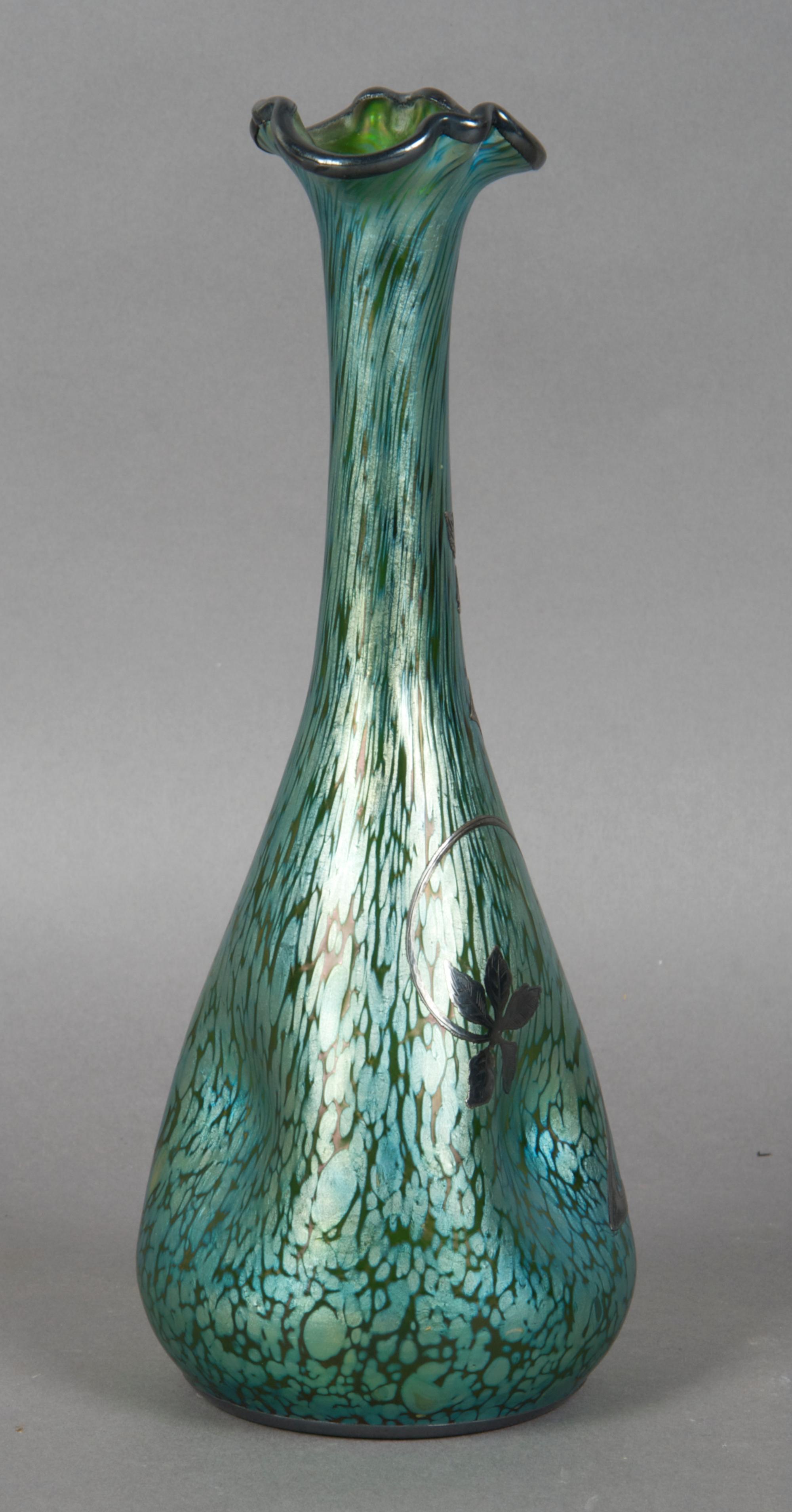 A Loetz Silver Overlay Vase, Height 9 1/2 inches.