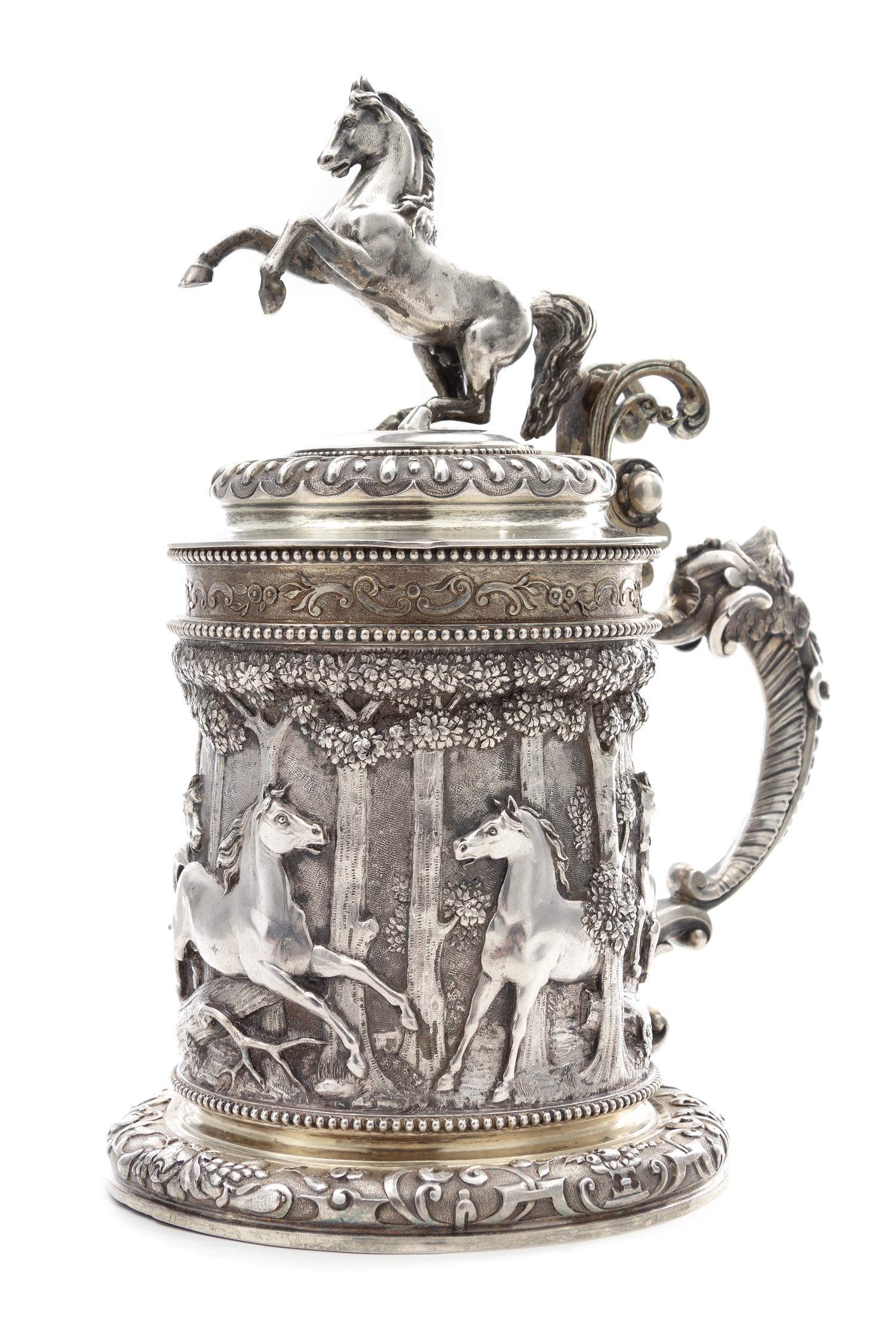 An Austro-Hungarian Silver Tankard, J. C. Klinkosch, Vienna, Late 19th/Early 20th Century, the rearing horse finial above the domed lid