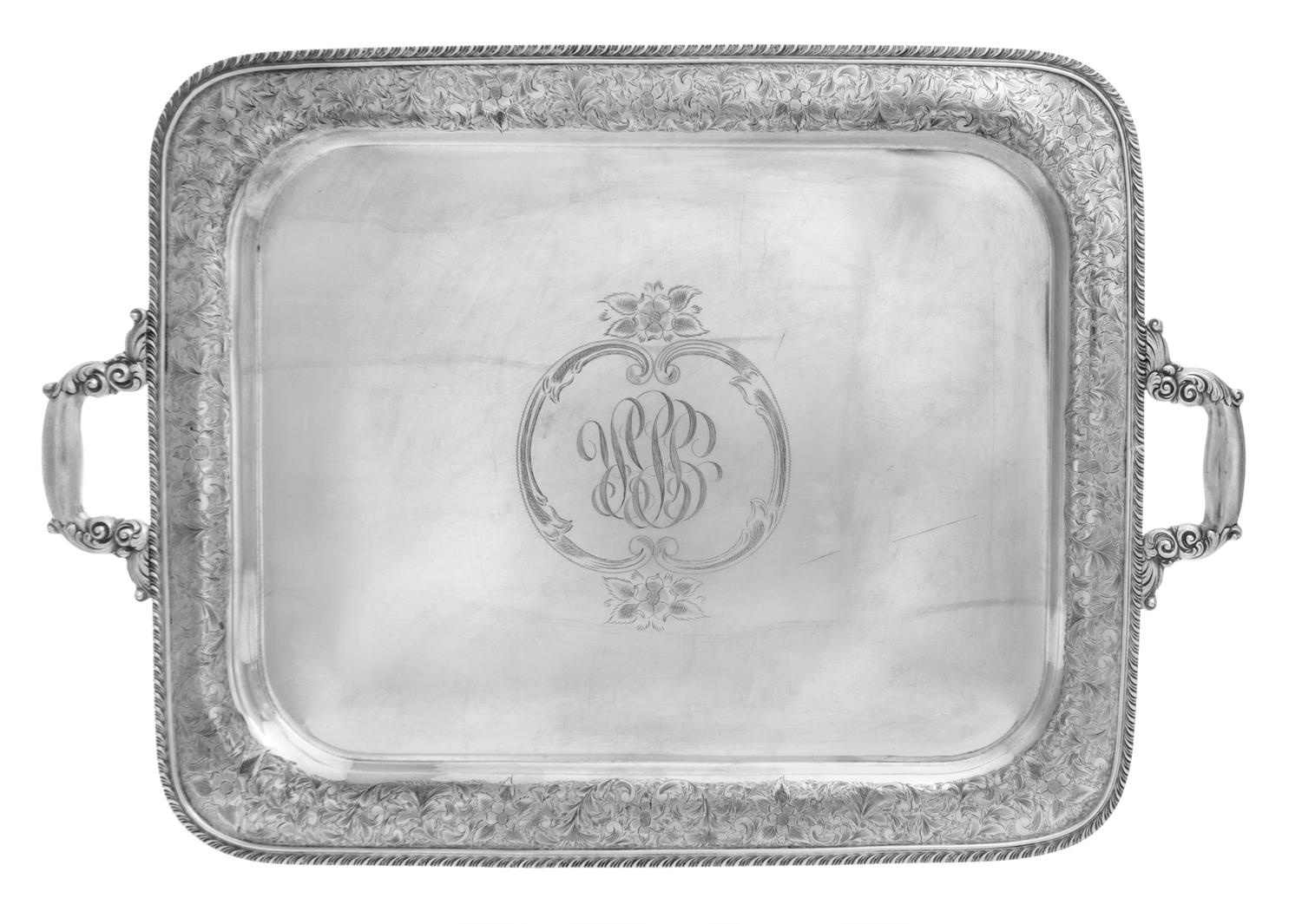 An American Silver Two-Handled Tray, Manchester Silver Co., Providence, RI, having a floral and foliate engraved border and a gadrooned