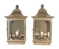 A Pair of Polished Silvered Metal and Glass Wall Lanterns