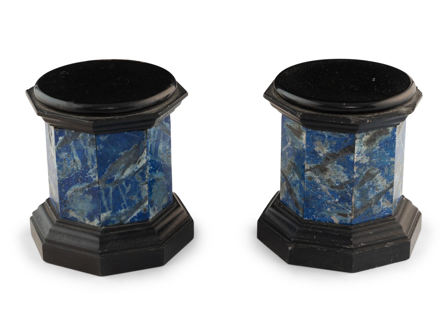 A Pair of Black Stone and Lapis Lazuli Octagonal Small Pedestals