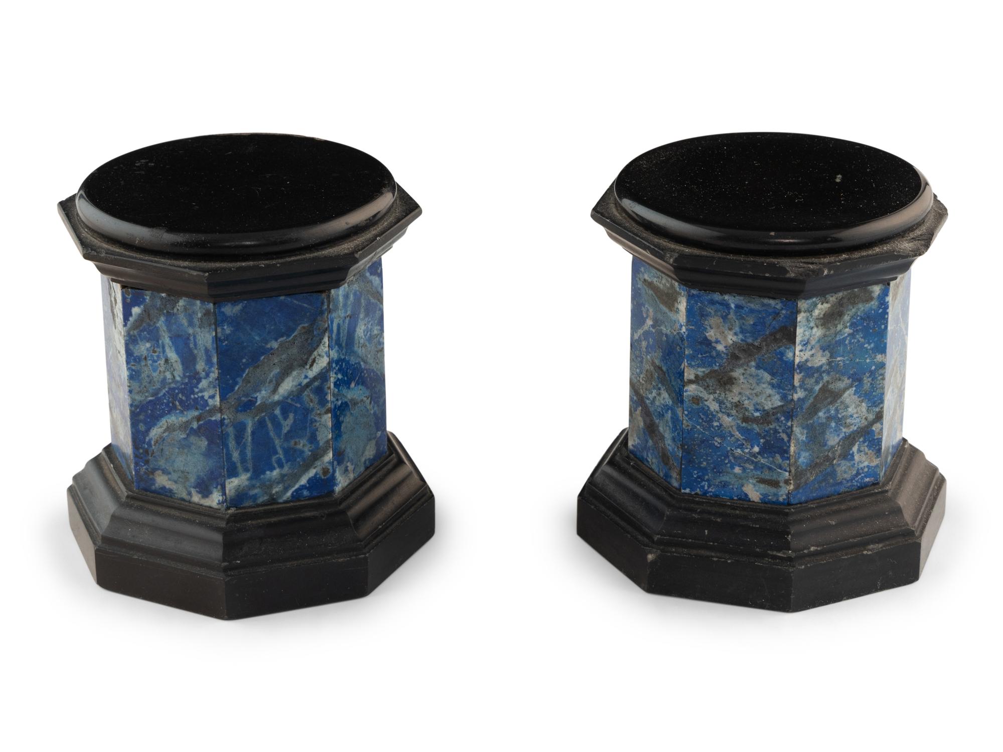 A Pair of Black Stone and Lapis Lazuli Octagonal Small Pedestals