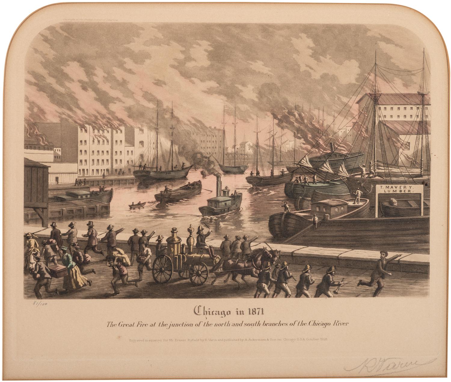 [CHICAGO]. A group of 2 items involving the Great Chicago Fire of 1871, incl. Waukegan Gazette--Extra . 12 October 1871. [ With :] Great Fire aquatint.