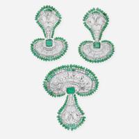 A Matching Set of Diamond and Emerald Pendant and Earrings