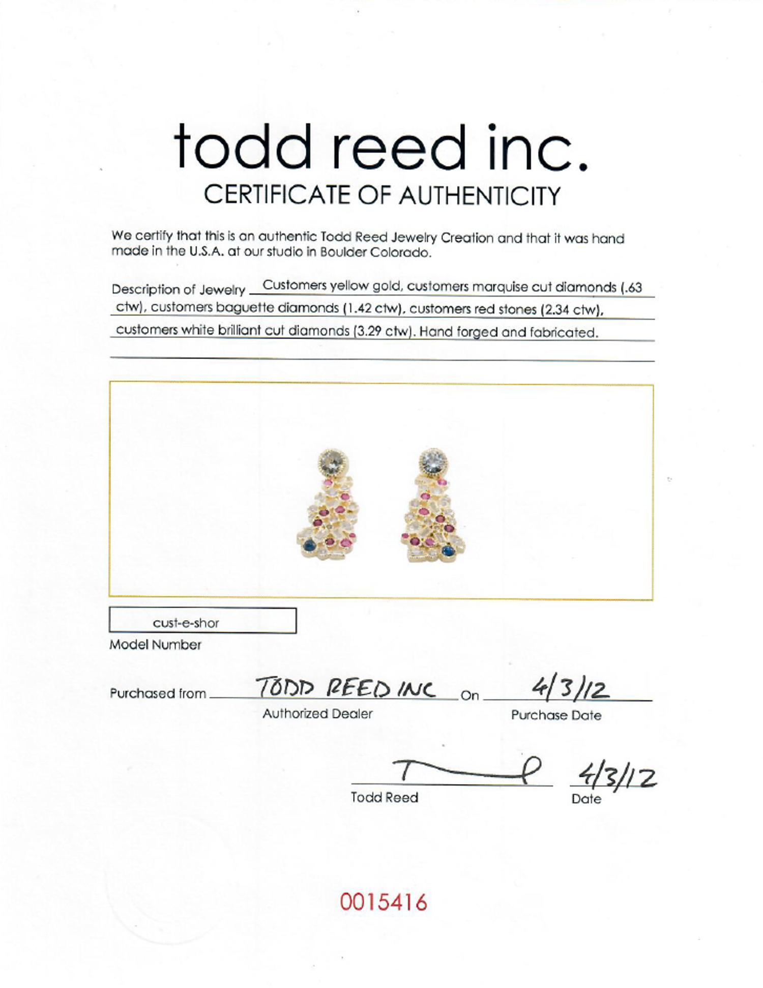 TODD REED, YELLOW GOLD, DIAMOND, RUBY AND SAPPHIRE EARRINGS