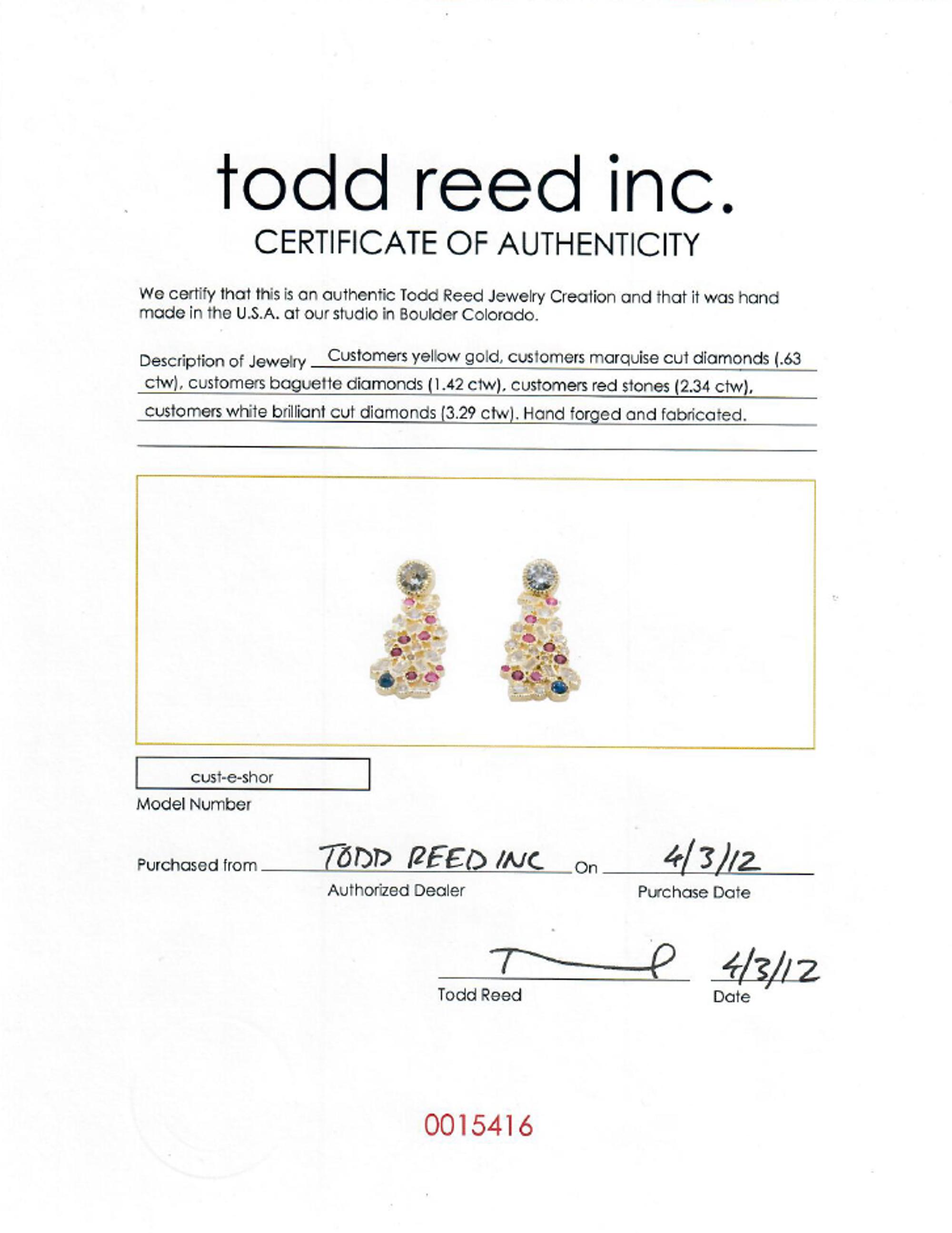 TODD REED, YELLOW GOLD, DIAMOND, RUBY AND SAPPHIRE EARRINGS