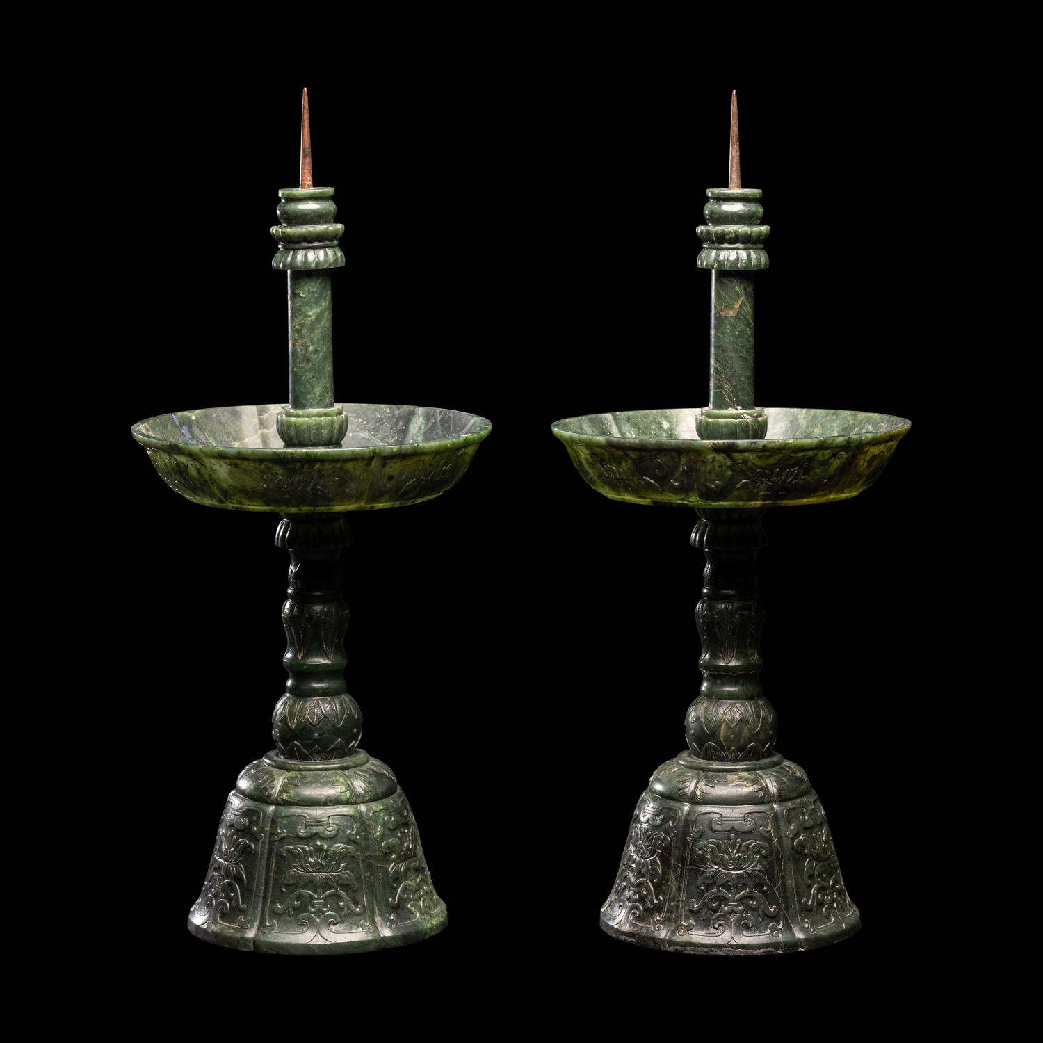 A Pair of Chinese Carved Spinach Jade Pricket Candlesticks