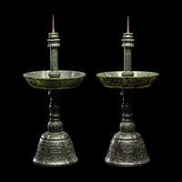 A Pair of Chinese Carved Spinach Jade Pricket Candlesticks