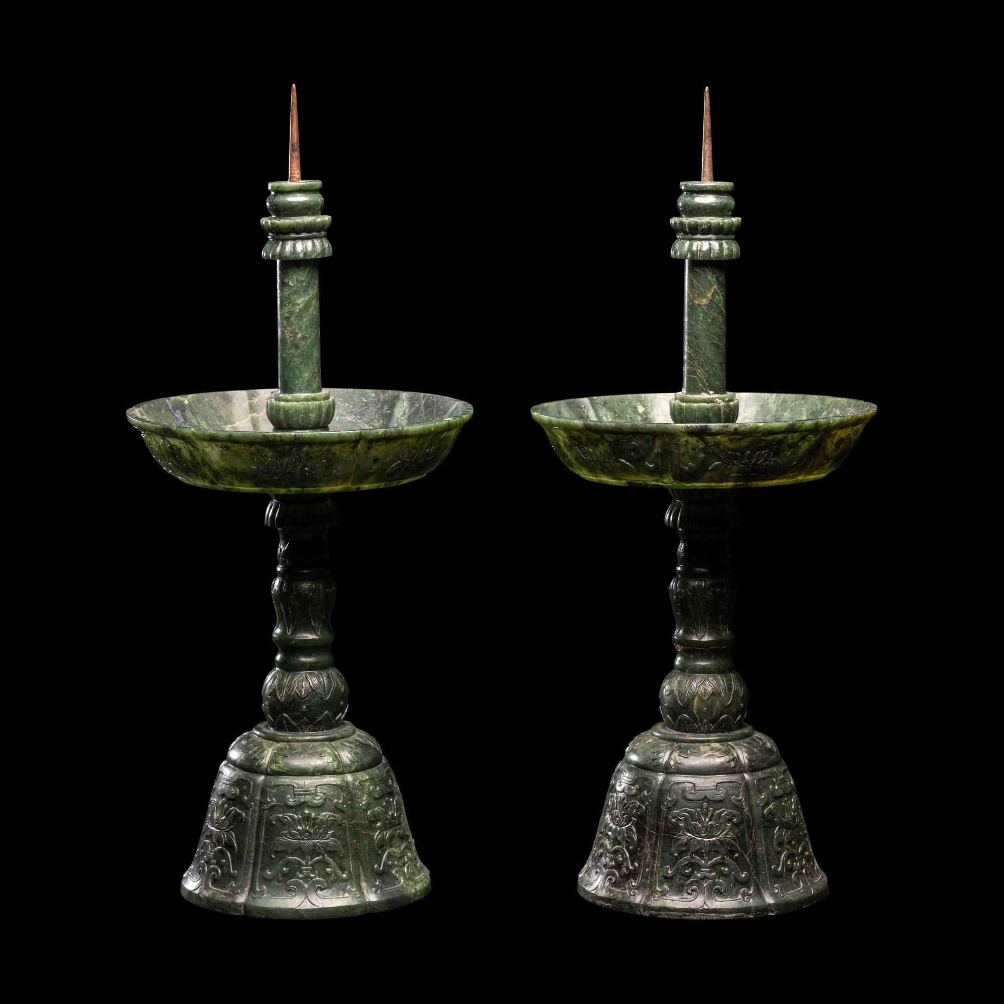 A Pair of Chinese Carved Spinach Jade Pricket Candlesticks