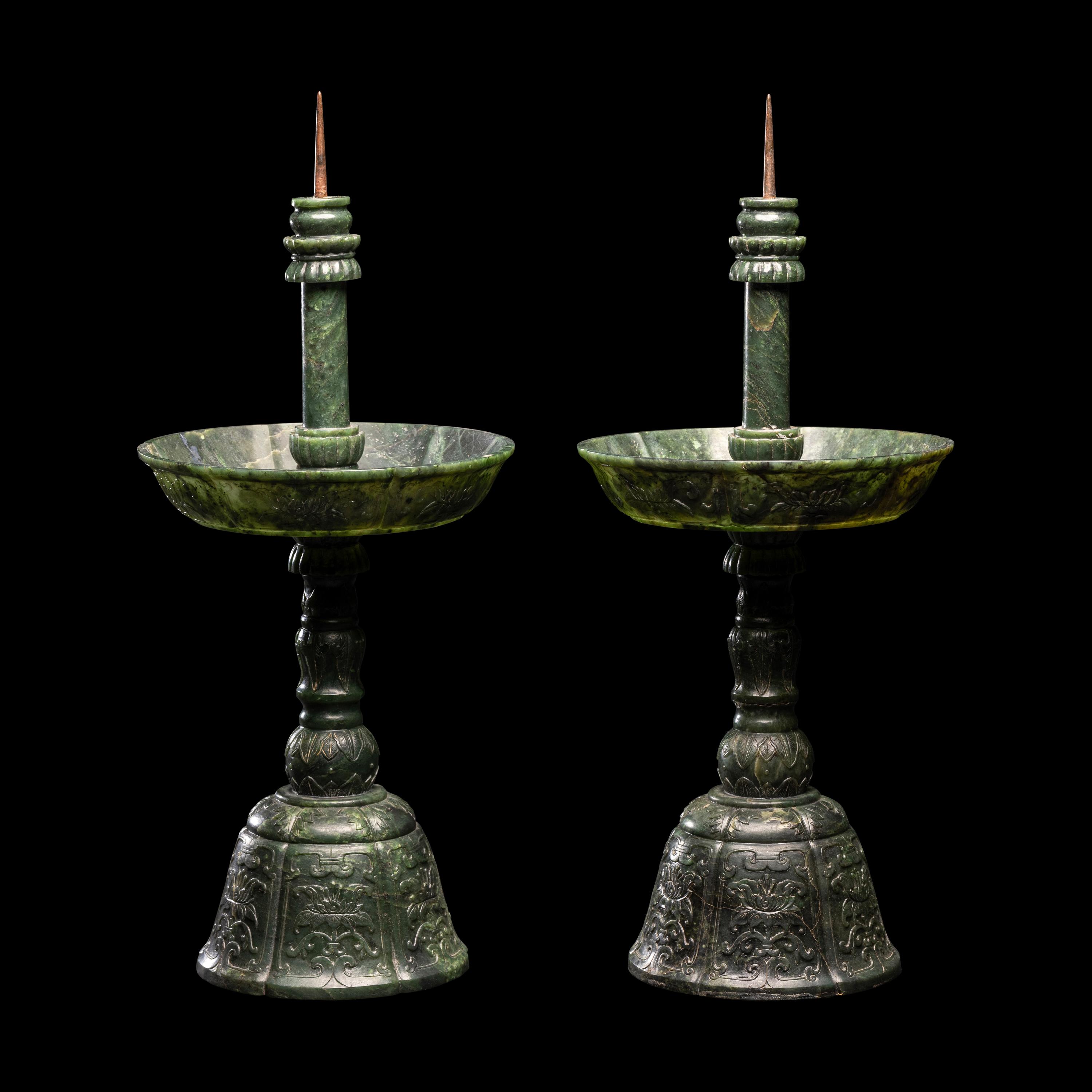 A Pair of Chinese Carved Spinach Jade Pricket Candlesticks