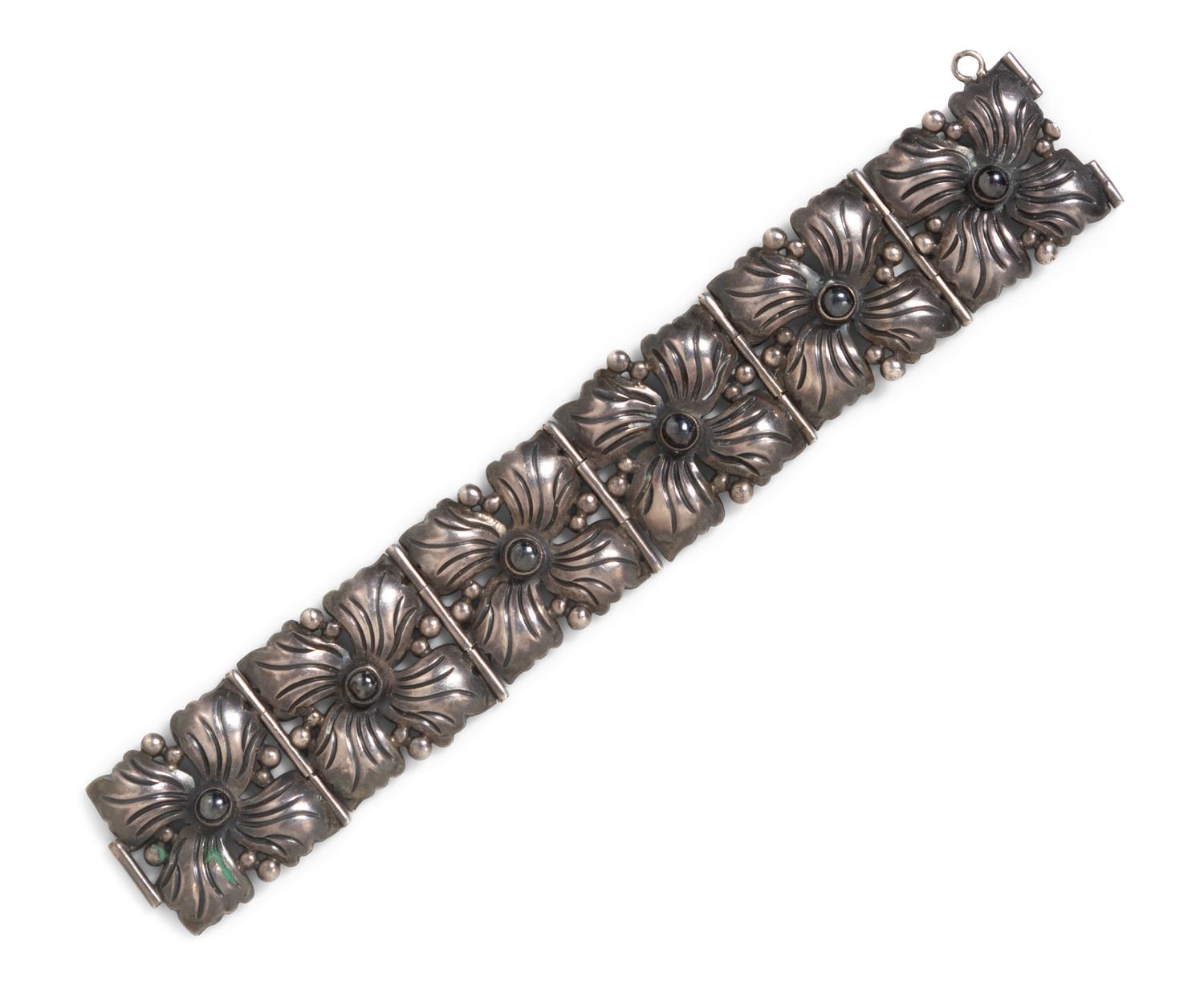 A Silver and Hematite Flower Motif Bracelet, Taxco,