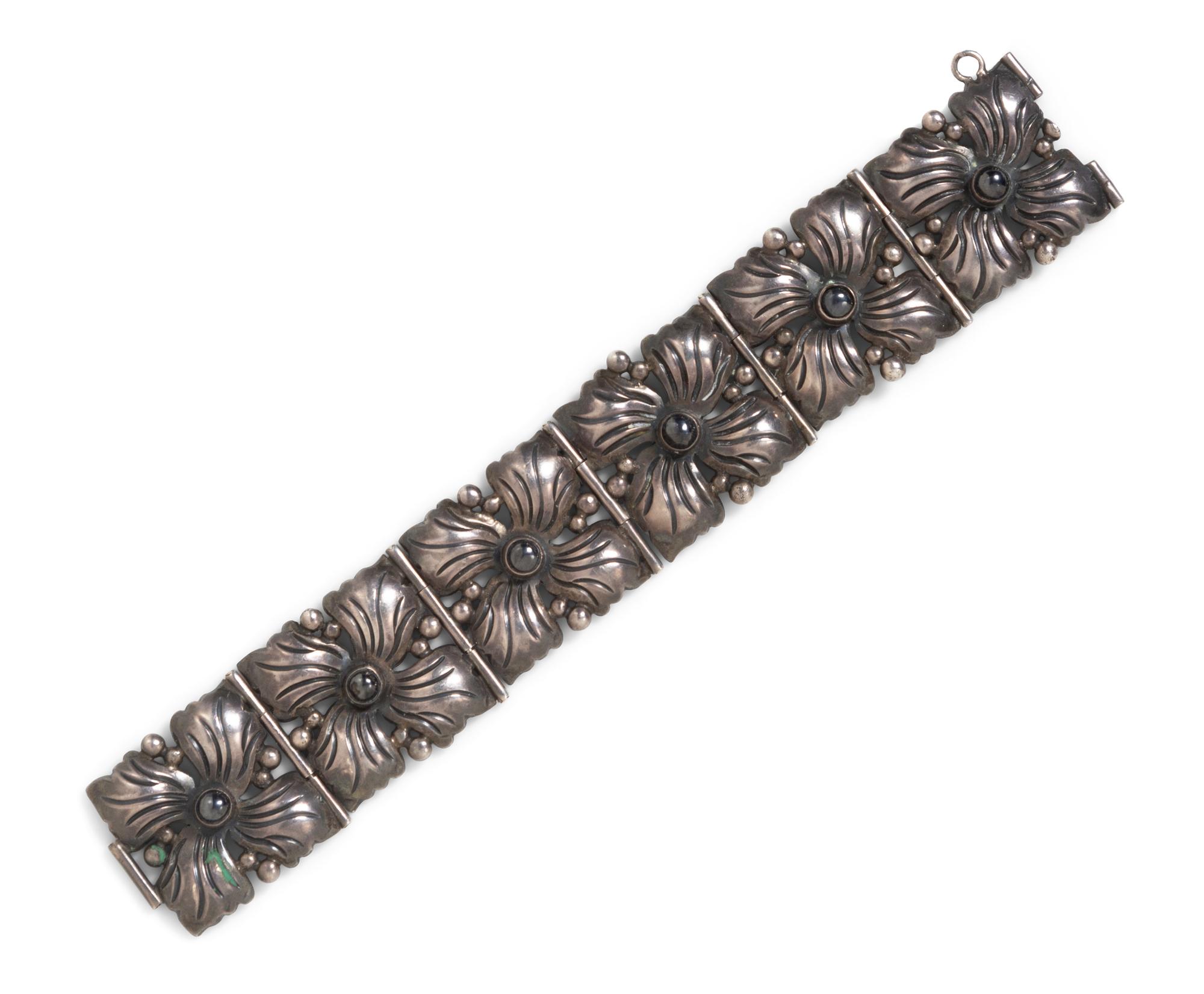 A Silver and Hematite Flower Motif Bracelet, Taxco,