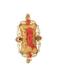 YELLOW GOLD, CORAL AND TURQUOISE PENDANT/BROOCH