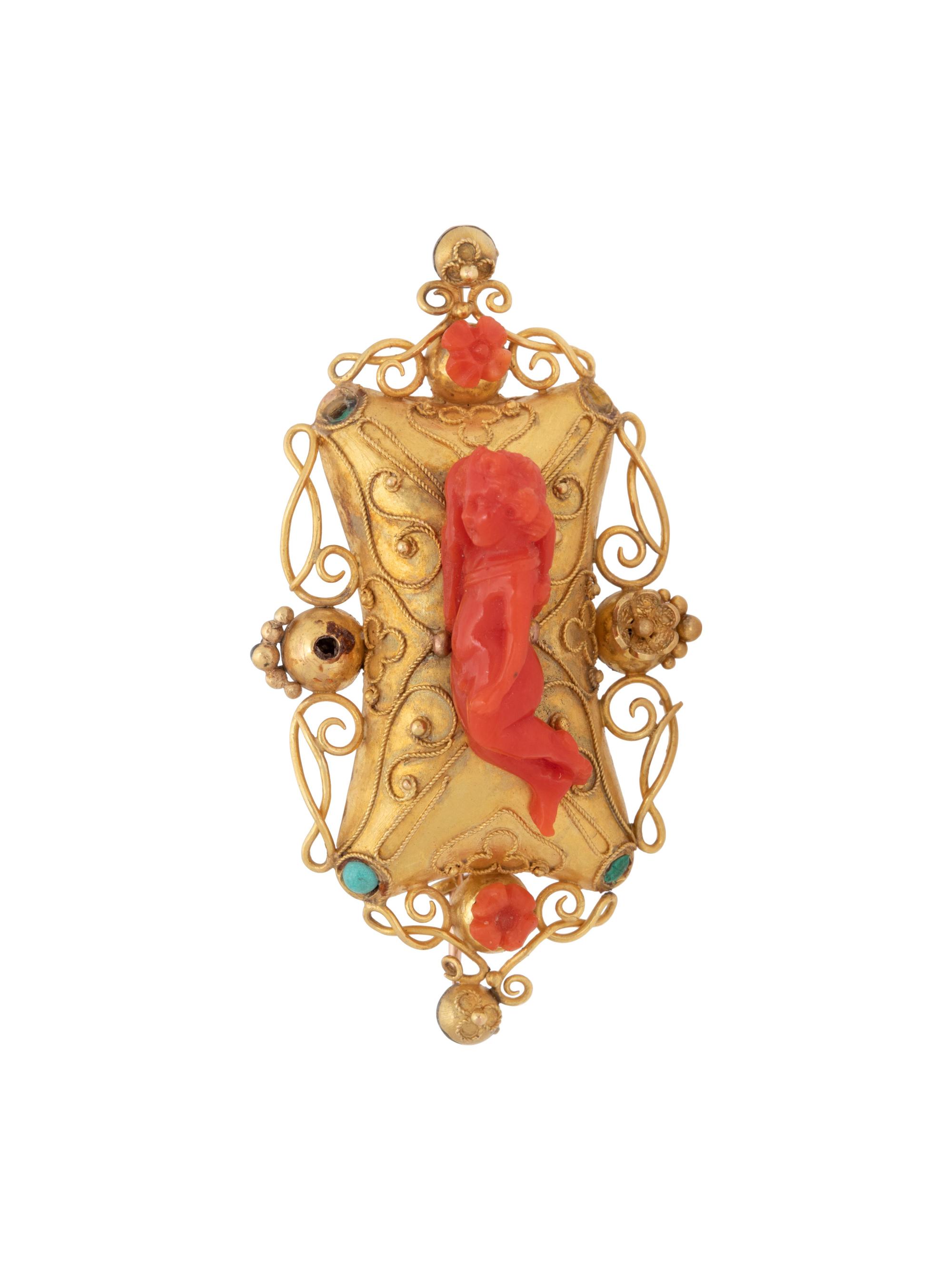 YELLOW GOLD, CORAL AND TURQUOISE PENDANT/BROOCH