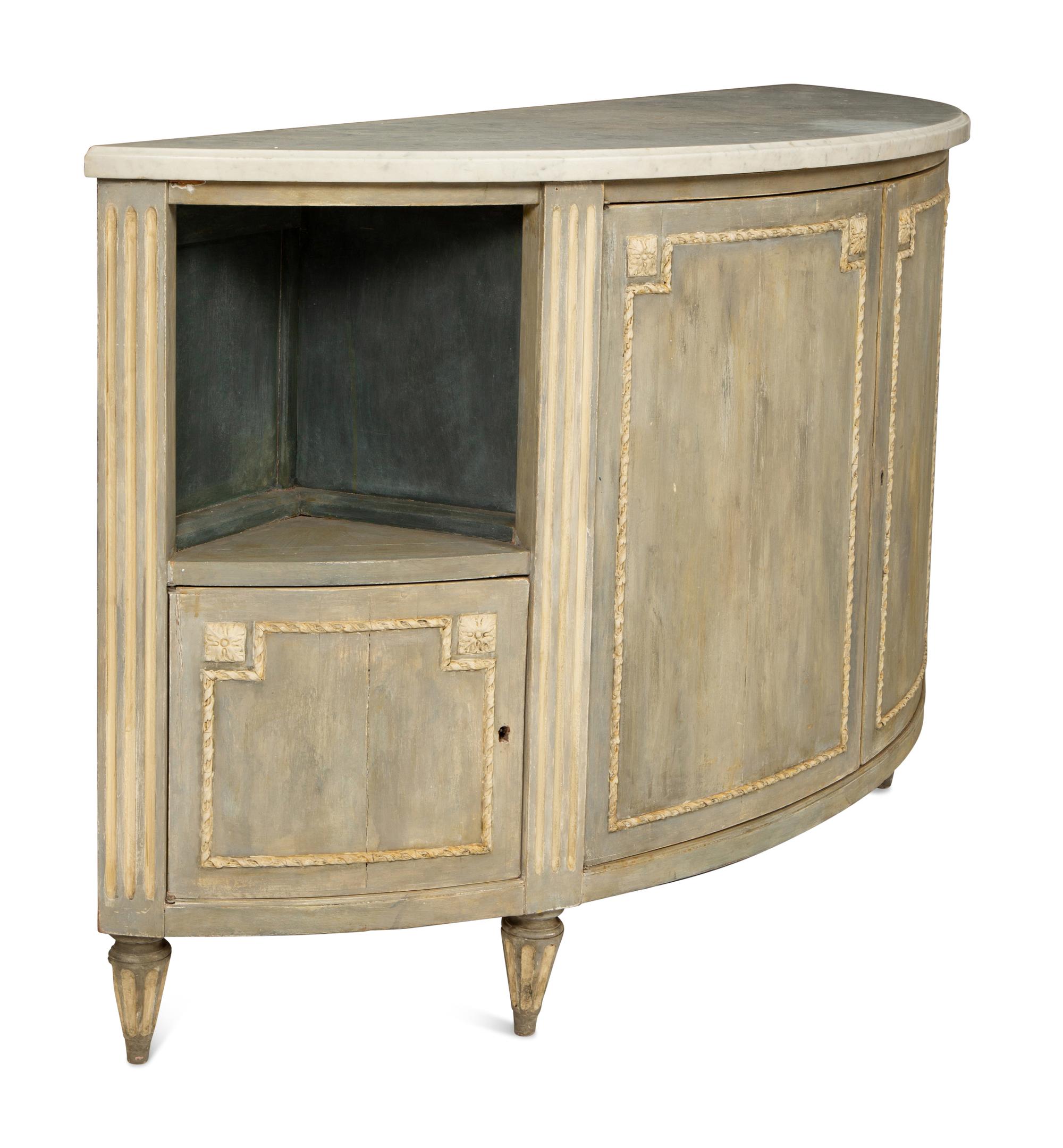 A Louis XVI Style Grey-Painted Marble-Top Demilune Cabinet