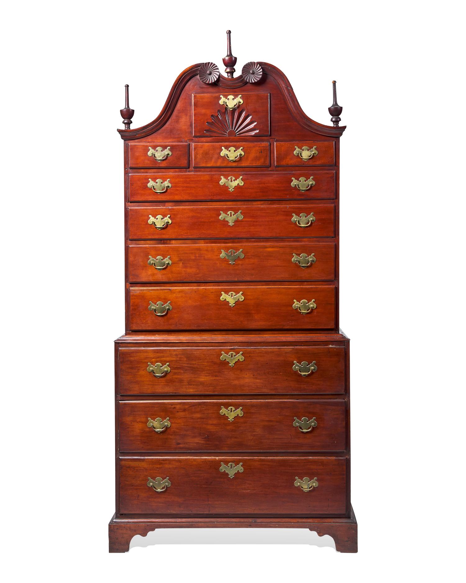 A Chippendale Cherry Carved Scroll-Top Chest-on-Chest