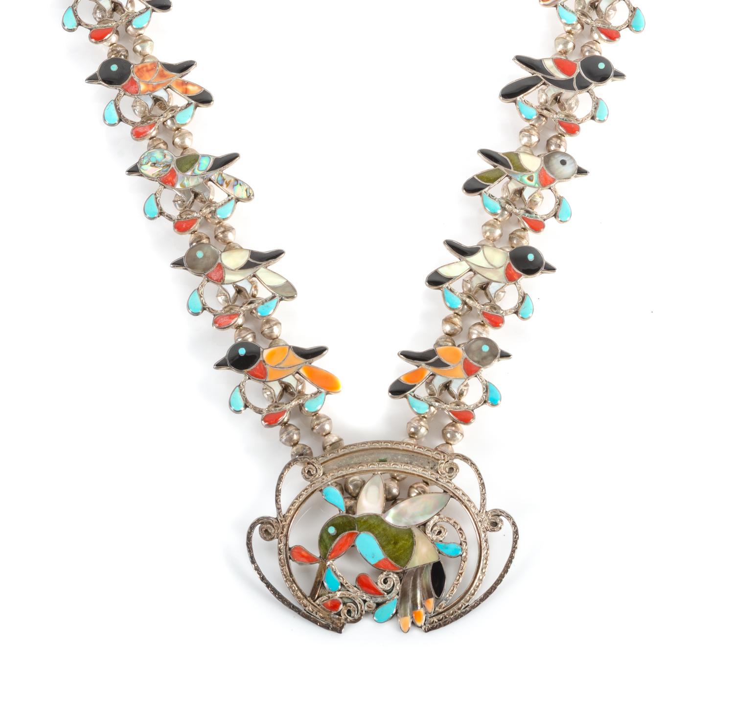 Zuni Silver and Multi-Stone Mosaic Inlay Hummingbird Necklace Length 28 inches