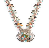 Zuni Silver and Multi-Stone Mosaic Inlay Hummingbird Necklace Length 28 inches
