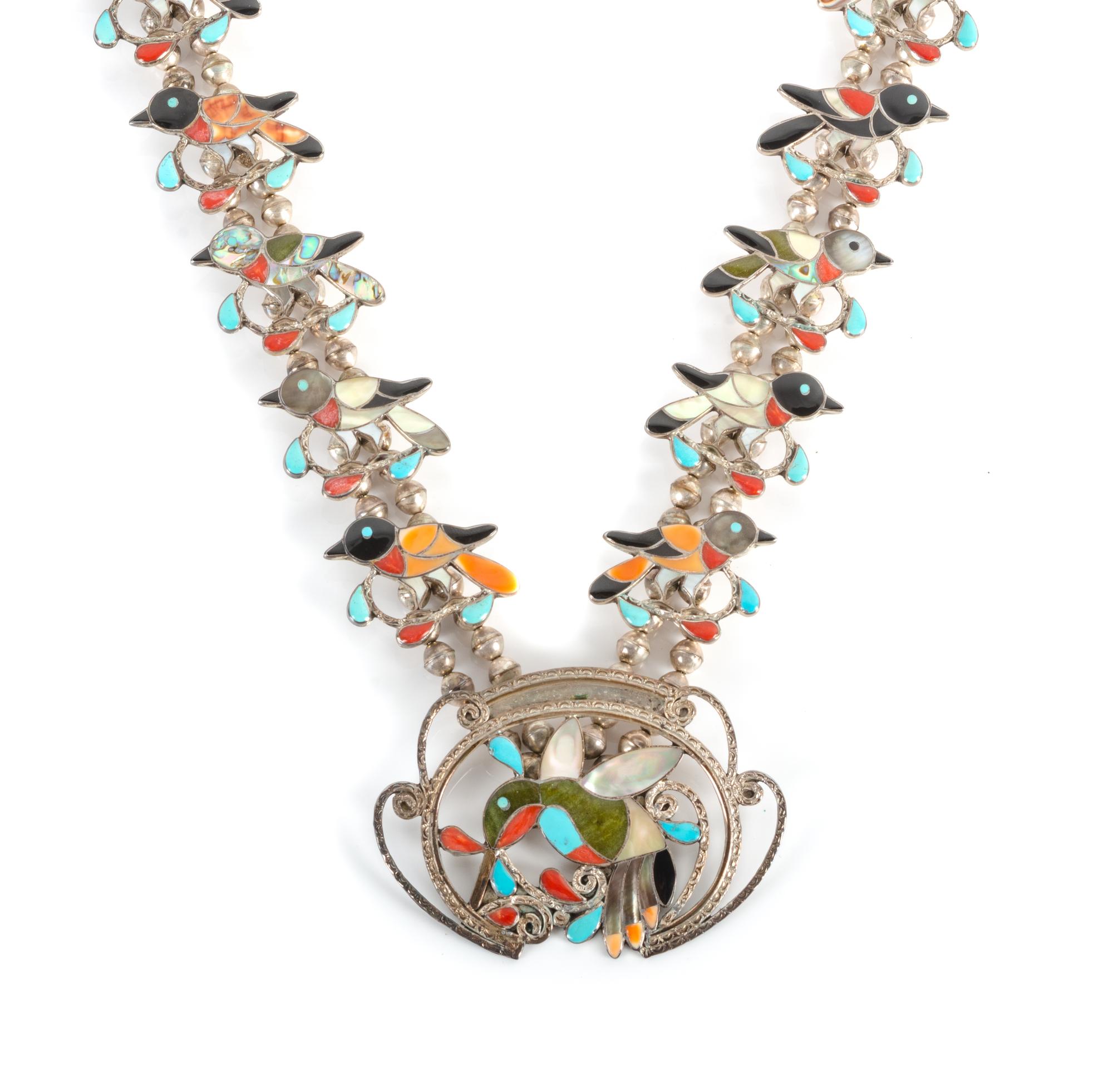 Zuni Silver and Multi-Stone Mosaic Inlay Hummingbird Necklace Length 28 inches