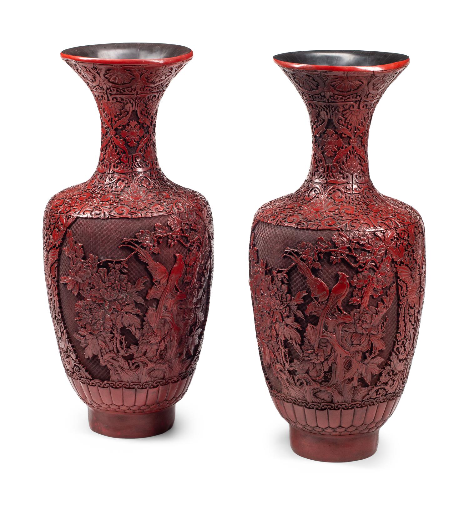 A Pair of Large Chinese Carved Red Lacquer Vases