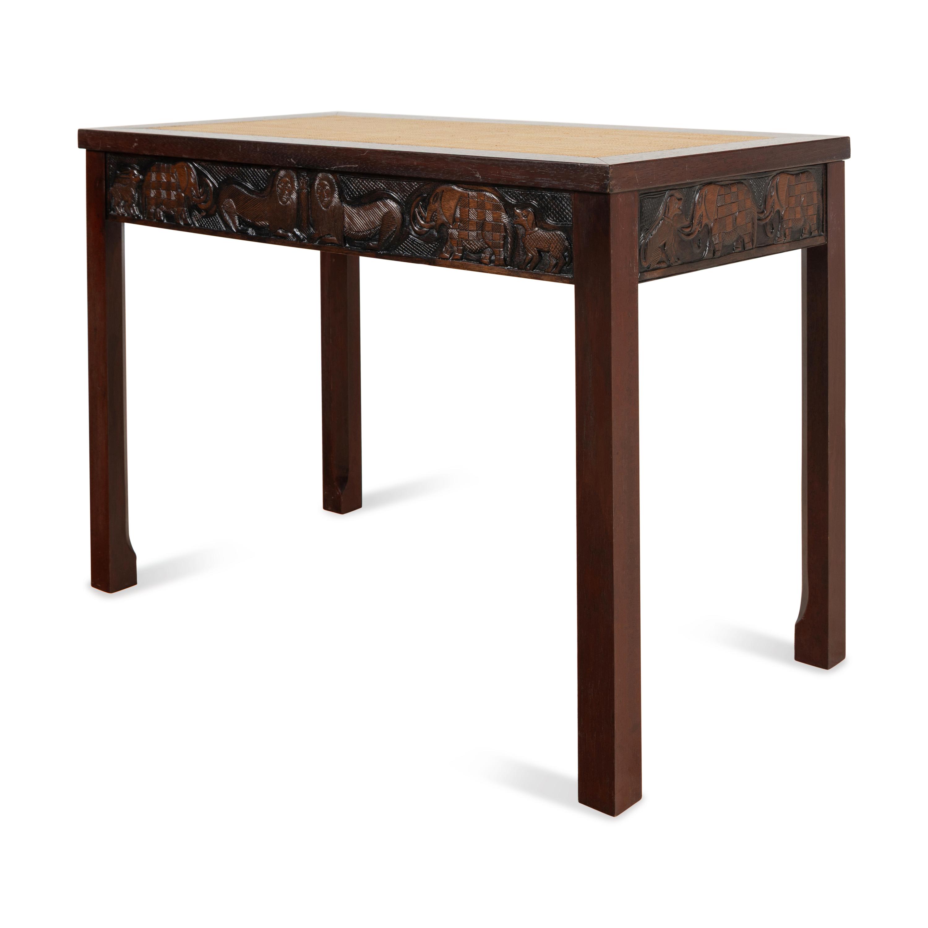 An African Style Carved and Raffia-Inset Low Table