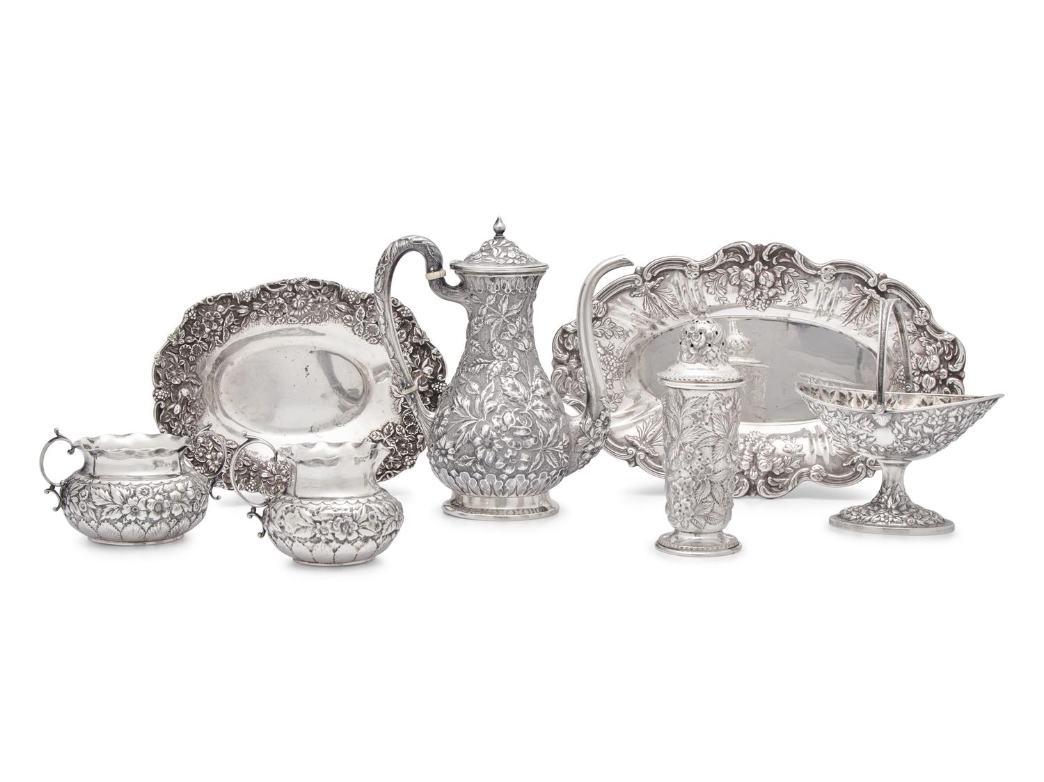 A Group of American Silver Floral Repoussé Table Articles