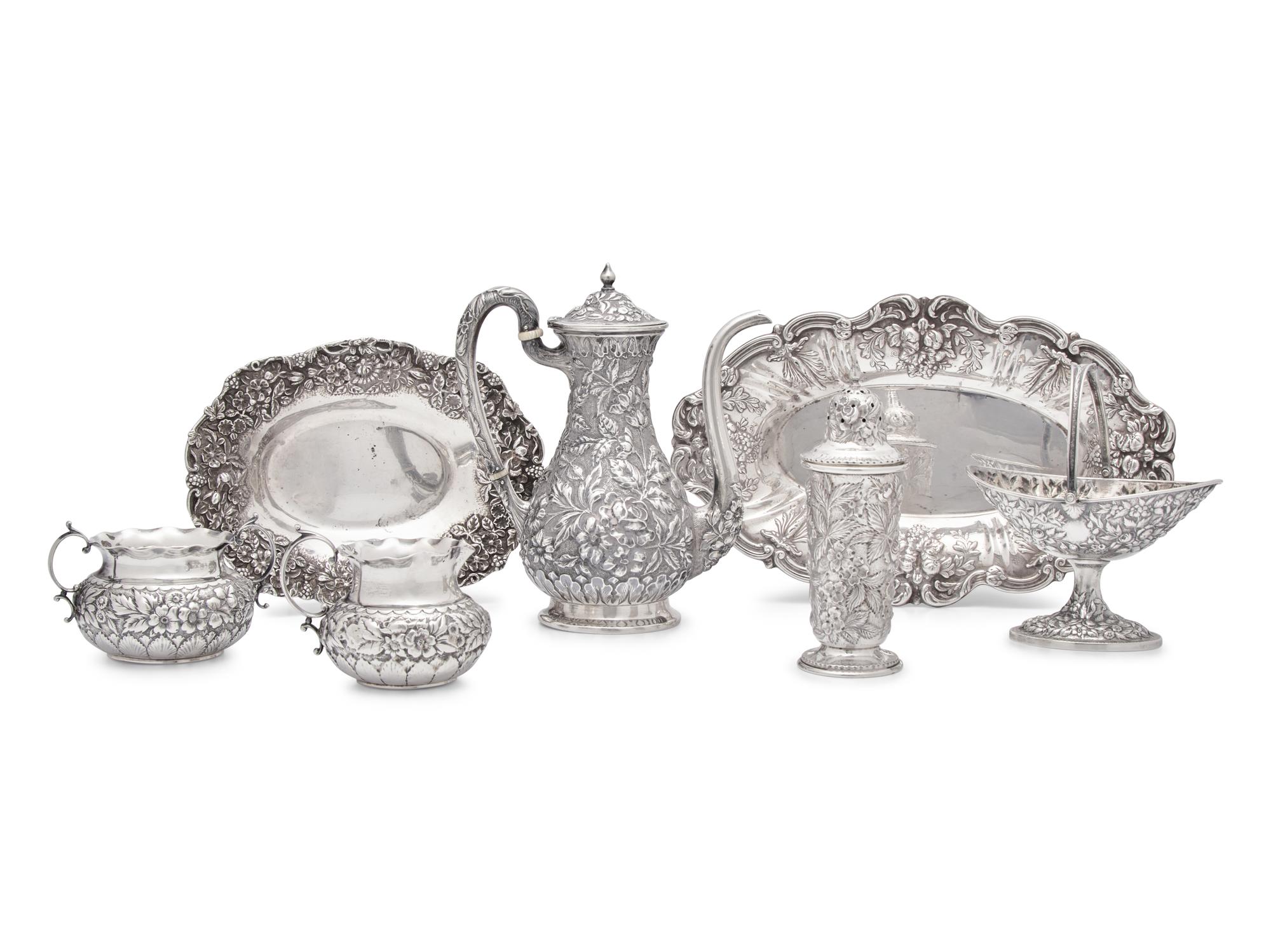 A Group of American Silver Floral Repoussé Table Articles