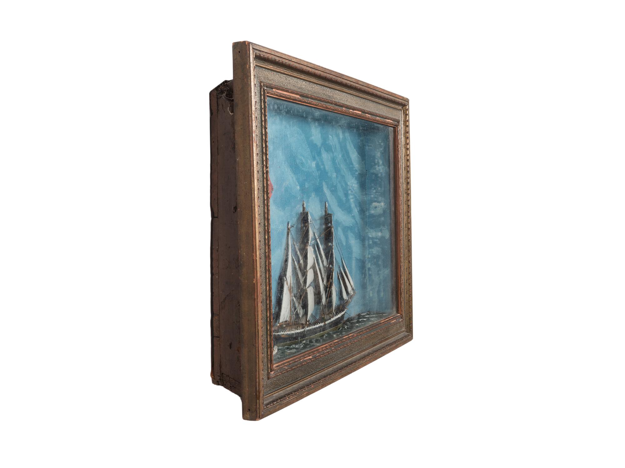 A Painted Wood Ship Diorama
