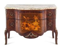 A Louis XV/XVI Transitional Style Gilt Bronze Mounted Marquetry Marble-Top Commode