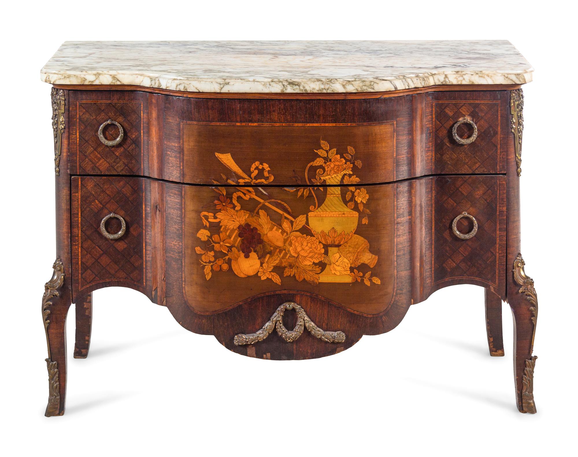 A Louis XV/XVI Transitional Style Gilt Bronze Mounted Marquetry Marble-Top Commode