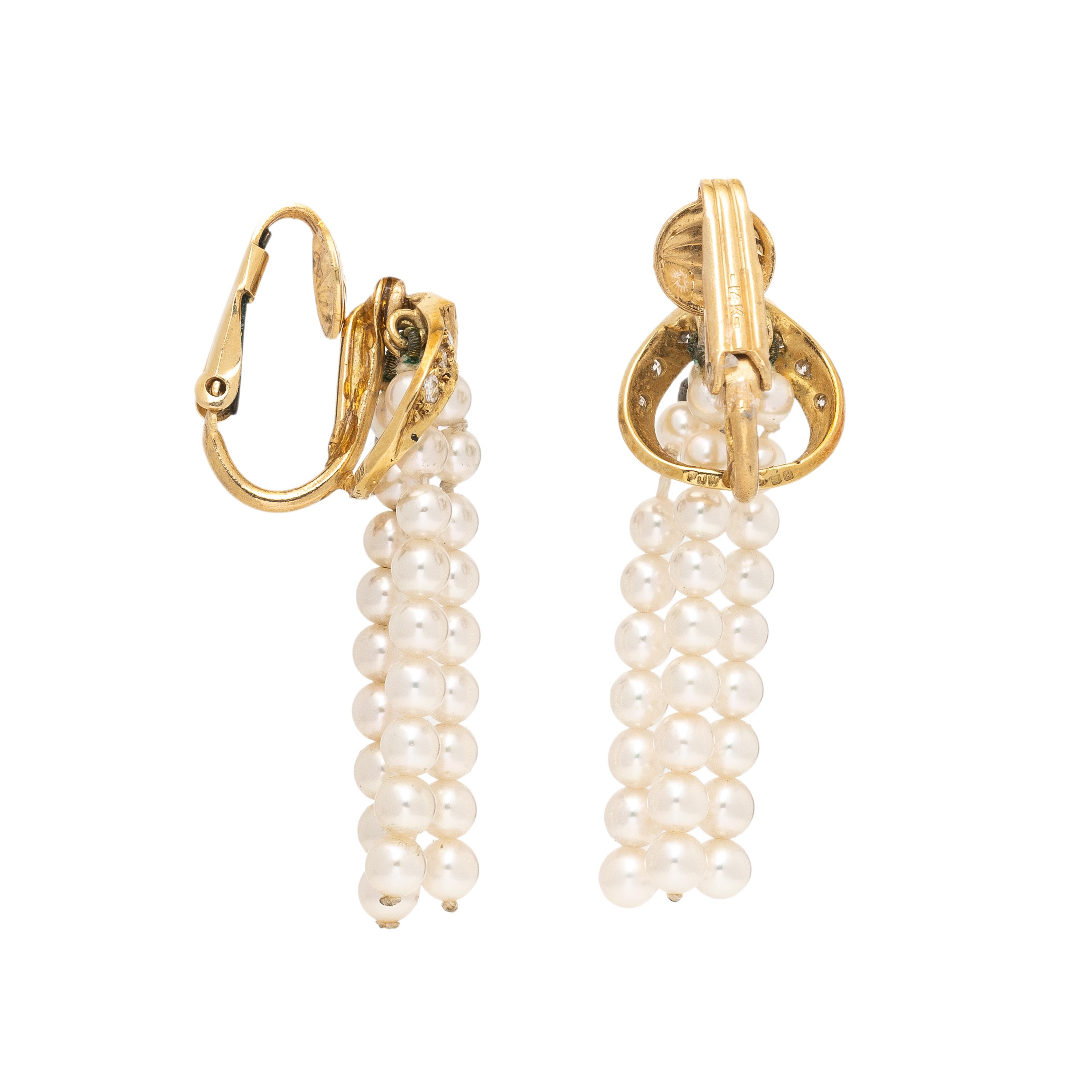 Seed Pearl, Diamond, and Yellow Gold Earrings