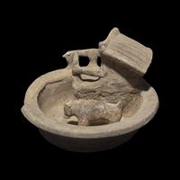 A Chinese Grey Pottery Model of a Pigsty with Occupant, Han Dynasty 漢 陶豬圈