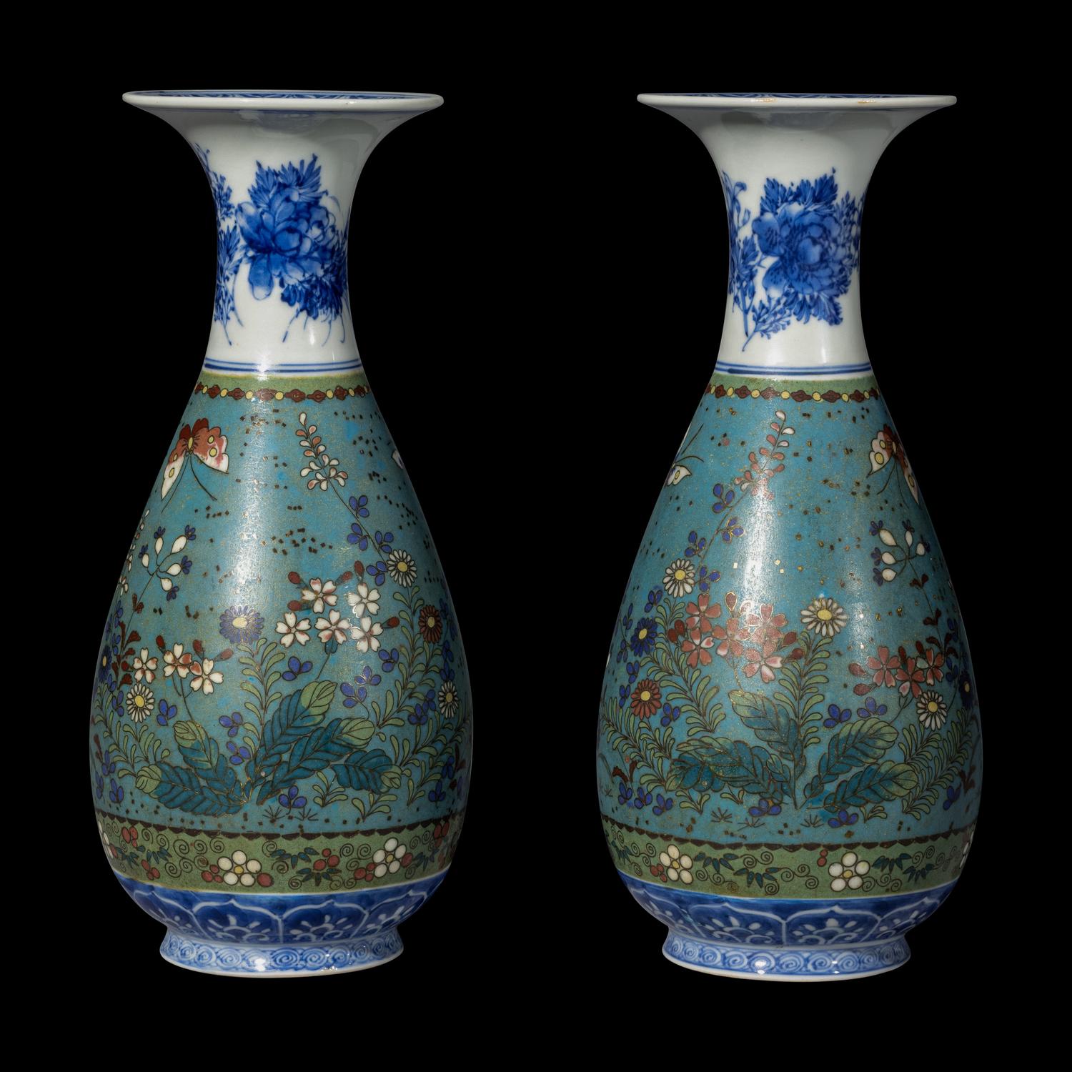 A Pair of Japanese Blue and White and Cloisonné Enamel Porcelain Vases