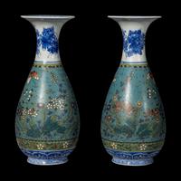 A Pair of Japanese Blue and White and Cloisonné Enamel Porcelain Vases