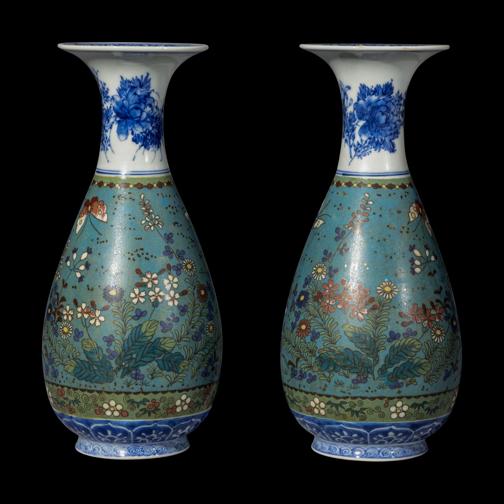A Pair of Japanese Blue and White and Cloisonné Enamel Porcelain Vases