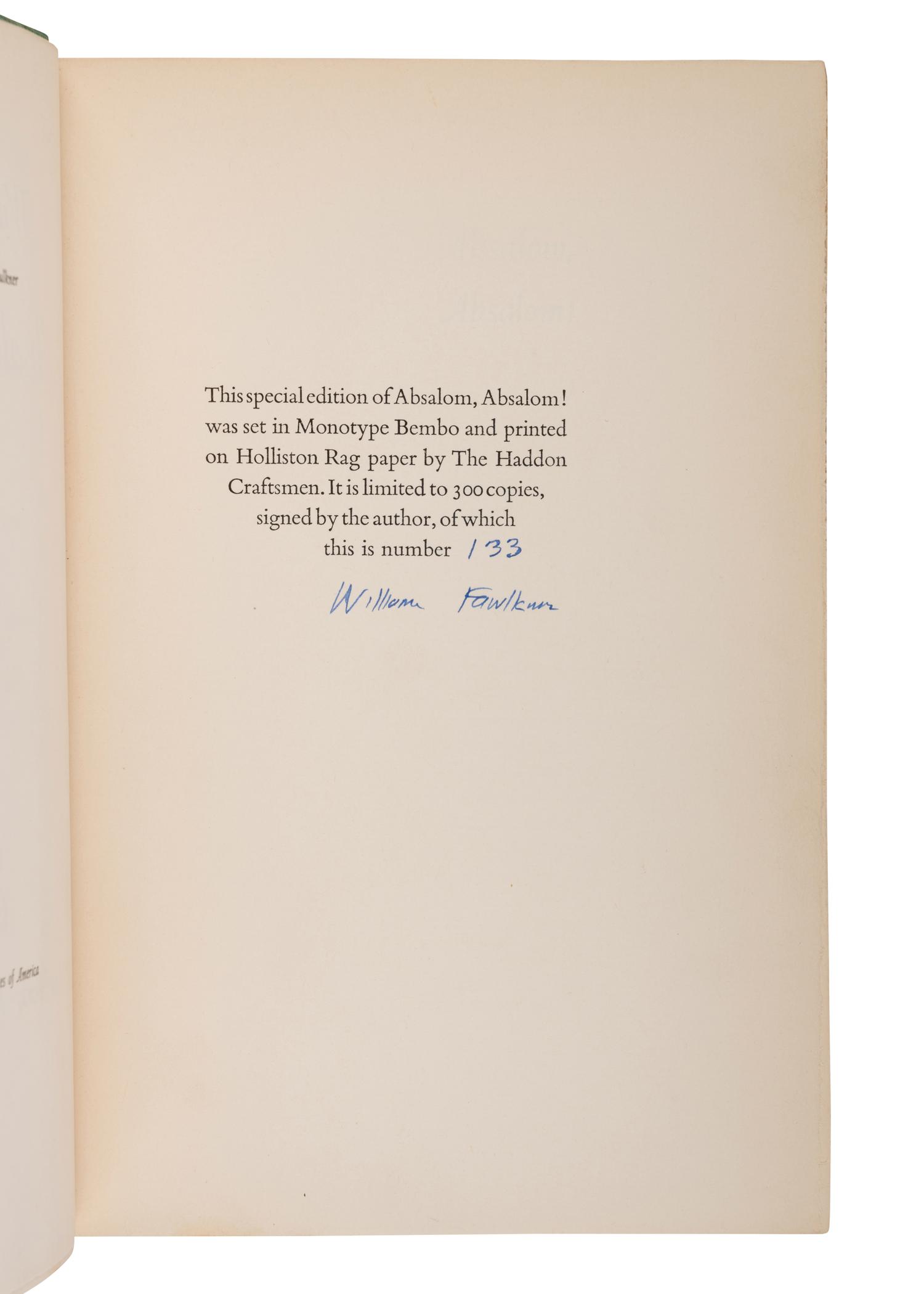 FAULKNER, William (1897-1962). Absalom, Absalom! New York: Random House, 1936.