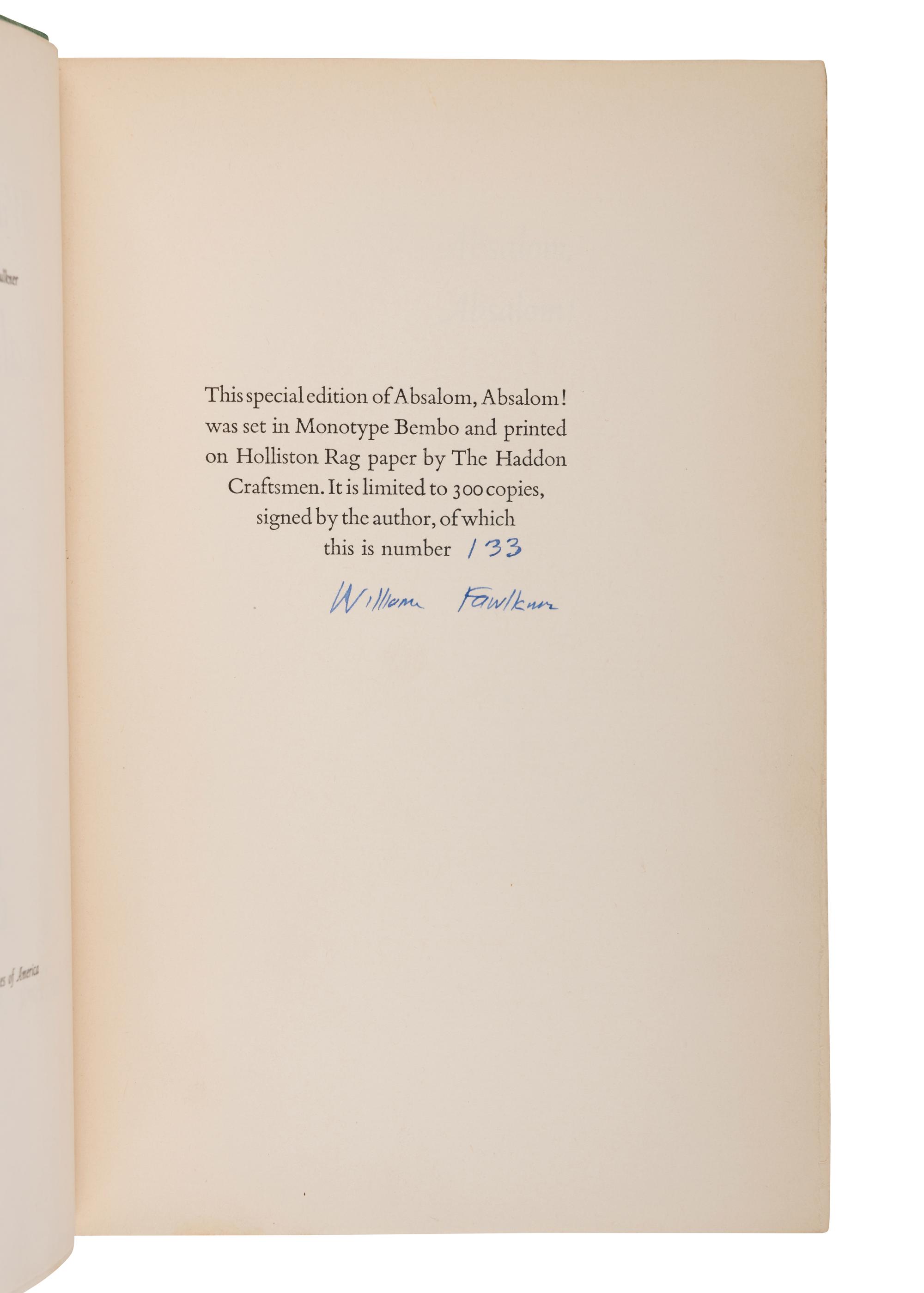 FAULKNER, William (1897-1962). Absalom, Absalom! New York: Random House, 1936.