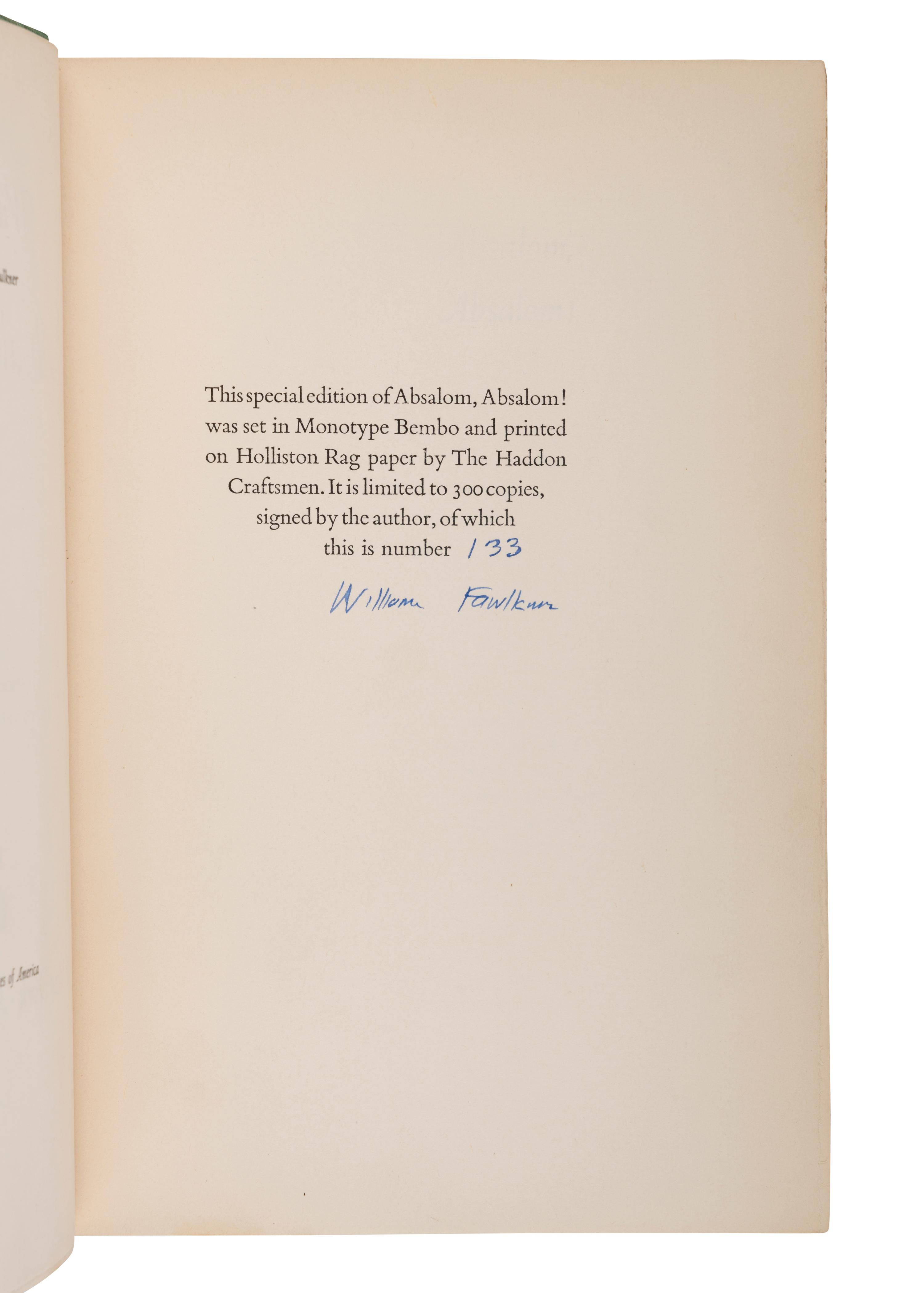FAULKNER, William (1897-1962). Absalom, Absalom! New York: Random House, 1936.