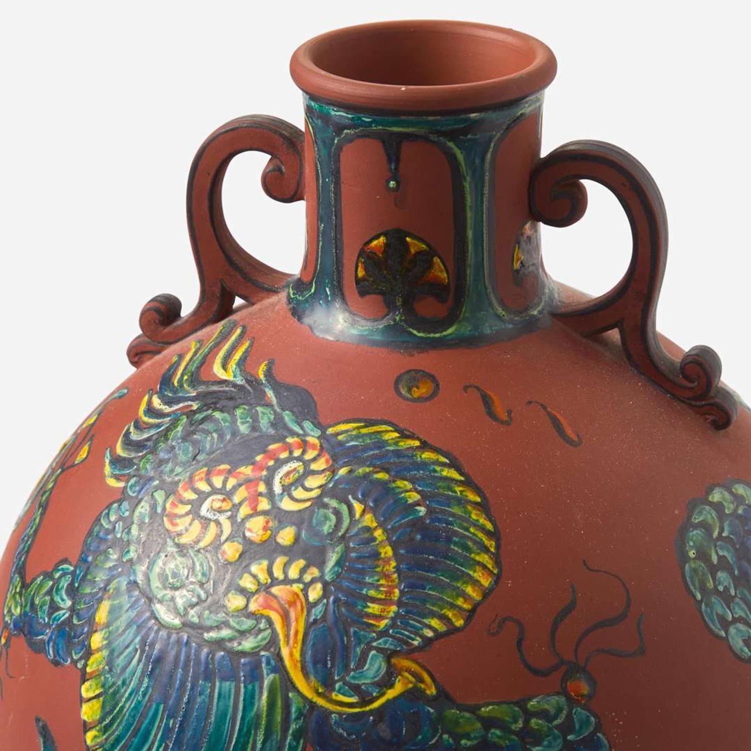 A Wedgwood Enameled-Decorated Rosso Antico Handled Vase UK, circa 1910