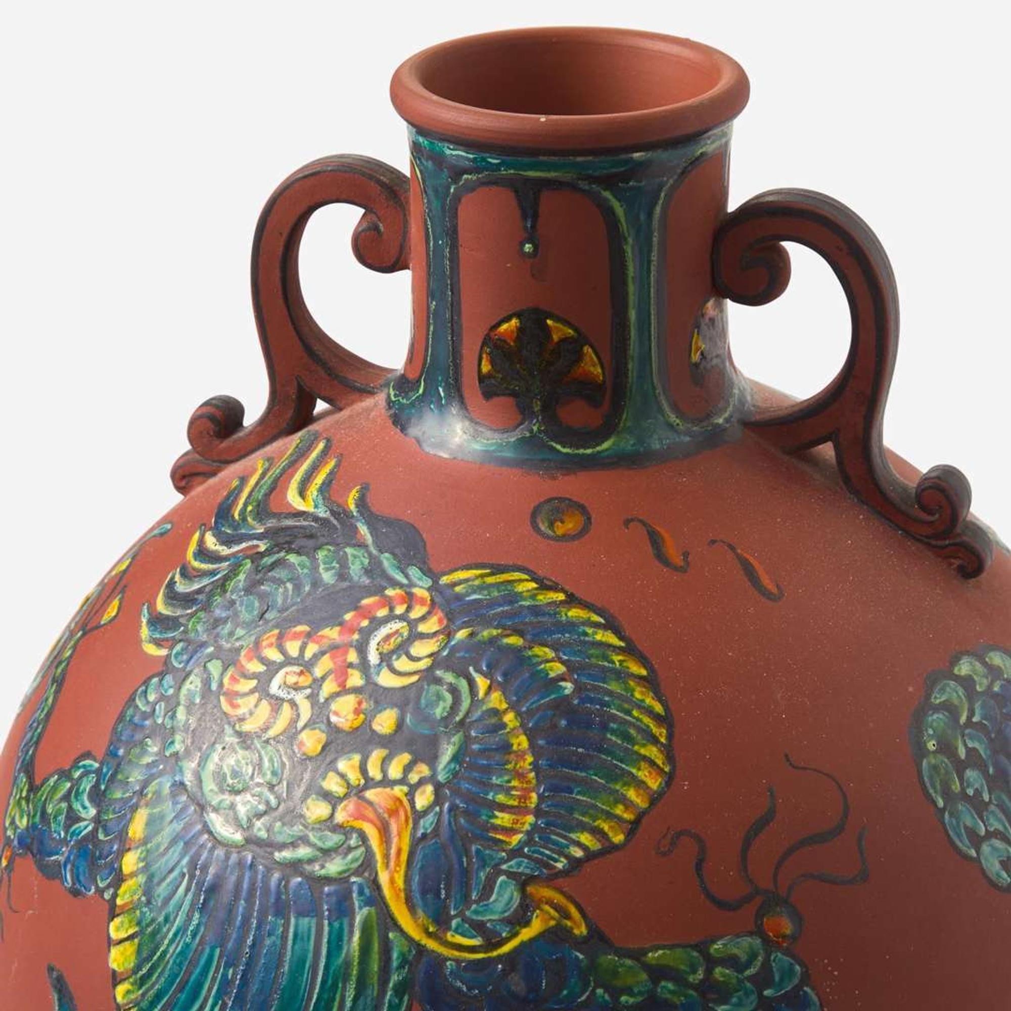 A Wedgwood Enameled-Decorated Rosso Antico Handled Vase UK, circa 1910